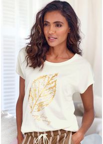 Lascana Damen Pyjamaoberteil, Gr. 32, beige, Single Jersey, Obermaterial: 50% Baumwolle, 50% Viskose, unifarben, Basic, Shirts, mit Folienprint