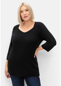 Große Größen Pullover mit V-Ausschnitt, in Rippstruktur Gr. 52/54 schwarz von sheego für Damen