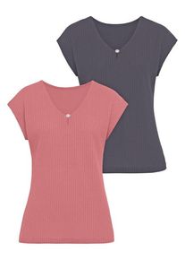 Lascana Kurzarmshirt 'mit Zierperle' mehrfarbig Gr. 48/50 für Damen. Mit Rundhals. Bequem. Nachhaltig.