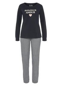 Vivance Dreams Pyjama Schwarz Gr. 32/34 für Damen. Rundhals und Schriftzug, Allover-Druck