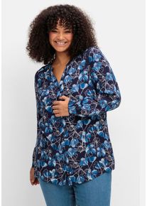 Große Größen Bluse mit Blütenprint und Spitzenborte Gr. 40 blau geblümt von sheego für Damen