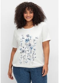 Große Größen Shirt mit Blumenprint und Gummizugbund Gr. 52 weiß geblümt von sheego für Damen
