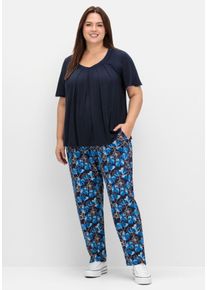 Große Größen Weite Hose mit Blumendruck und breitem Smokbund Gr. 46 blau geblümt von sheego für Damen