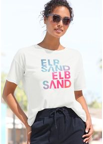 ELBSAND T-Shirt weiß Gr. L (40) für Damen. Rundhals und Logodruck. Figurumspielend. Nachhaltig.