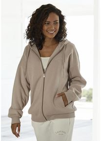 Lascana Kapuzensweatjacke taupe Gr. 32/34 für Damen. Mit Logoschriftzug, Logostickerei. Bequem. Nachhaltig.