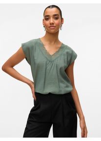 Véro Moda VERO MODA Damen Spitzentop "VMSAFA SL V-NECK LACE TOP WVN GA NOOS", grün, modisch, Gr. L, unifarben, Web, Obermaterial: 85% Viskose, 15% Nylon, Tops