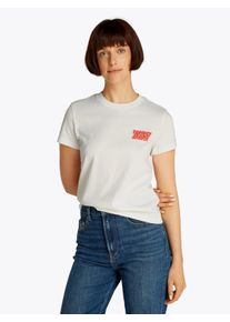 Tommy Jeans Damen T-Shirt "TJW REG TJ BUBBLE TEE", beige, casual, Gr. XS, unifarben, Jersey, Obermaterial: 100% Baumwolle, Shirts, mit Logodruck