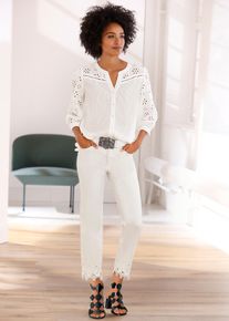 Heine Damen Spitzenbluse, weiß, Gr. 46, unifarben, 100% Baumwolle, Blusen