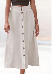 Lascana Damen Midirock, beige, modisch, Gr. 36, unifarben, Web, Obermaterial: 85% Viskose, 15% Leinen, Röcke, mit Knopfleiste, Leinenrock, Sommerrock