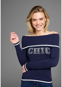 Laura Scott Damen Carmenpullover, blau, feminin, Gr. 34, bestickt, unifarben, kontrastfarbene Details, Feinstrick, Obermaterial: 70% Viskose, 30%