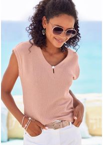 Lascana Damen Kurzarmshirt "mit Zierperle", rosa, feminin, Gr. 32, unifarben, Piquu00e9, Obermaterial: 69% Polyester (REPREVE), 28% Viskose, 3%