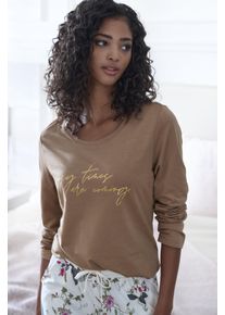 Lascana Damen Pyjamaoberteil, Gr. 36, braun, Single Jersey, Obermaterial: 50% Baumwolle, 50% Viskose, unifarben, Basic, Shirts, mit Folienprint