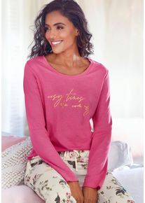 Lascana Damen Pyjamaoberteil, Gr. 32, pink, Single Jersey, Obermaterial: 50% Baumwolle, 50% Viskose, unifarben, Basic, Shirts, mit Folienprint
