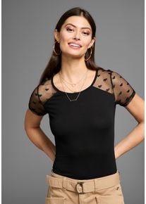Laura Scott Damen T-Shirt, schwarz, feminin, Gr. 44, unifarben, Mesh, Jersey, Netz, Obermaterial: 95% Viskose, 5% Elasthan, Shirts, mit edlem