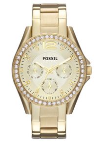 Fossil Damen Multifunktionsuhr "RILEY", gold, Armbanduhren, Quarzuhr, Armbanduhr, Damenuhr, Datum, Glassteine, Lederarmband