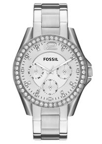 Fossil Damen Multifunktionsuhr "RILEY", silber, Armbanduhren, Quarzuhr, Armbanduhr, Damenuhr, Datum, Glassteine, Lederarmband