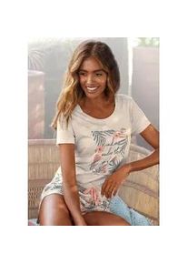 Shorty Lascana, Damen, Gr. 36/38, beige (sand, bedruckt), Single Jersey, Obermaterial: 100% Baumwolle, bedruckt, Basic, Basic kurz, Rundhals, Homewear-Sets Shorty, mit Palmen-Print