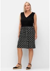 Große Größen Jerseykleid in Wickeloptik, mit V-Cut hinten Gr. 42 schwarz geblümt von sheego für Damen
