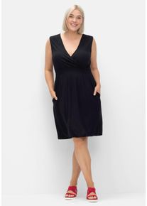 Große Größen Ärmelloses Kleid in Wickeloptik mit gesmokten Details Gr. 58 schwarz von sheego für Damen