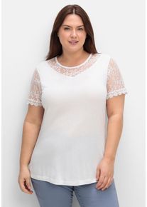 Große Größen Shirt mit Einsätzen aus floraler Spitze, leicht tailliert Gr. 54 weiß geblümt von sheego für Damen