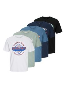 Jack & Jones Rundhalsshirt JACK & JONES "JJELOGO TEE SS O-NECK 2 COL SS25 5PK MP", Herren, Gr. L, schwarz, Jersey, Obermaterial: 100% Baumwolle, bedruckt, modisch, regular fit, Rundhals, Kurzarm, Shirts