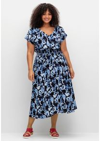 Große Größen Kleid mit Blumenprint und Smokbund Gr. 54 blau geblümt von sheego für Damen