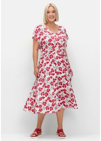 Große Größen Kleid mit Blumenprint und Smokbund Gr. 58 beige gemustert geblümt von sheego für Damen