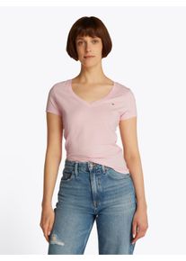 Tommy Jeans Damen T-Shirt "TJW SLIM V-NECK TEE", rosa, Basic, Gr. S, unifarben, Single Jersey, Obermaterial: 100% Baumwolle, Shirts, mit
