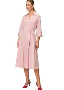Zero Damen Midikleid "Zero Midikleid mit Bindegürtel", rot, casual, Gr. 34, geringelt, Web, Obermaterial: 71% Baumwolle, 26% Polyamid, 3% Elastan.