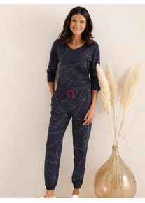 Damen Jerseyhose, blau, Gr. 48, gemustert, mehrfarbig, 100% Baumwolle, Hosen