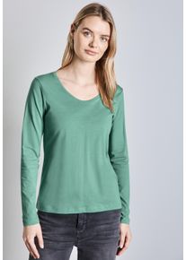 Street One Damen Langarmshirt, grün, casual, Gr. 40, unifarben, Web, 100% Baumwolle, Shirts, mit abgerundetem V-Ausschnitt