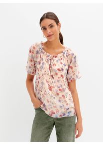 Inspirationen Damen Kurzarmbluse, beige, Gr. 40, gemustert, 100% Polyester, Blusen