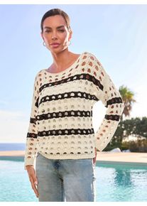 Heine Damen Ajourpullover "Pullover", beige, Gr. 44, gemustert, gestreift, mehrfarbig, bedruckt, 100% Baumwolle, Pullover
