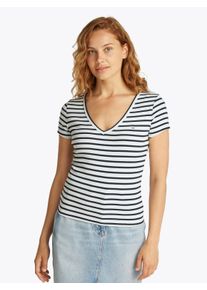 Tommy Jeans Damen T-Shirt "TJW SLIM ESSENTIAL RIB V SS", blau, casual, Gr. L, gestreift, Rippware, Obermaterial: 95% Baumwolle, 5% Elasthan, Shirts,