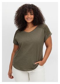 sheego Damen T-Shirt "Große Größen", grün, feminin, Gr. 46, unifarben, Obermaterial: 100% Baumwolle, Shirts, mit Spitzen-Applikation auf den Schultern
