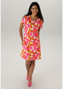 Damen Jerseykleid, pink, casual, Gr. 44, Aniston SELECTED, bedruckt, gemustert, Milano Rib, Obermaterial: 89% Viskose, 9% Polyester, 2% Elasthan,