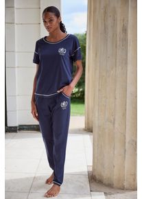 Lascana Damen Pyjama, Gr. 32, blau, Single Jersey, Obermaterial: 50% Baumwolle, 50% Viskose, kontrastfarbene Details, bedruckt, unifarben mit
