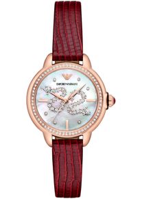 Emporio Armani Damen Quarzuhr, rot, Armbanduhren, Armbanduhr, Damenuhr, Lederarmband, analog, Glassteine