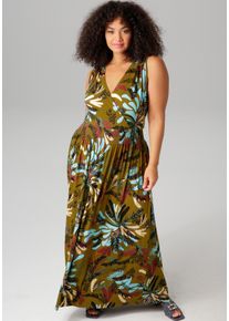 ANISTON PLUS Damen Sommerkleid, grün, Gr. 48, bedruckt, Single Jersey, Obermaterial: 95% Viskose, 5% Elasthan, Kleider, mit breiten Trägern zum Raffen