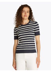 Tommy Hilfiger Damen Kurzarmpullover "1985 CO MINI CABLE C-NK SS SWT", blau, casual, Gr. XS, gestreift, Strick, Obermaterial: 100% Baumwolle,
