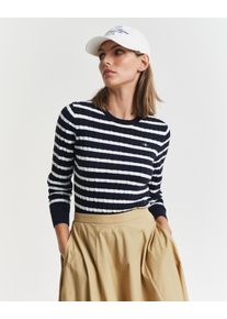 Gant Damen Rundhalspullover "STRETCH COTTON CABLE STRIPE C-NECK", blau, casual, Gr. XXL, Strick, Obermaterial: 88% Baumwolle, 10% Polyamid, 2%