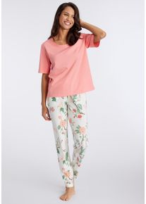 Lascana Damen Pyjama, Gr. 36, rosa, Single Jersey, Obermaterial: 50% Baumwolle, 50% Viskose, feminin, Homewear-Sets, mit elegantem Blumenmuster