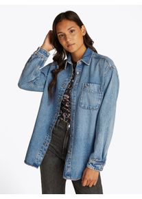 Tommy Jeans Damen Hemdbluse "RELAXED LS SHIRT BI6011", blau, casual, Gr. L, unifarben, Denim/Jeans, Obermaterial: 54% Baumwolle, 46% Lyocell, Blusen,
