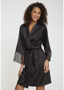 Lascana Damen Kimono, Gr. 42, schwarz, Satin, unifarben, Hausmäntel, mit Spitze an den Ärmeln