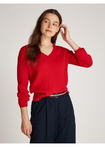 Tommy Hilfiger Damen V-Ausschnitt-Pullover "CO CABLE V-NK LS SWT", rot, casual, Gr. XXL, unifarben, Strick, Obermaterial: 100% Baumwolle, Pullover,