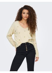 Only Damen Strickpullover "ONLTIBA LS HEART V-NECK CS KNT", beige, modisch, Gr. S, gemustert, Strick, Obermaterial: 50% Viskose, 30% Polyester, 20%