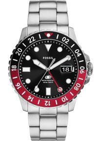 Fossil Herren Quarzuhr "Fossil BLUE GMT", silber, Armbanduhren, Armbanduhr, Damenuhr, Datum, Silikonarmband, bis 10 bar wasserdicht