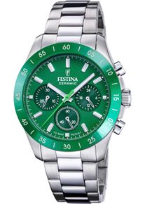 Festina Damen Chronograph "Ceramic", silber, Armbanduhren, Quarzuhr, Armbanduhr, Damen, Herren, Edelstahlarmband, Keramiklünette