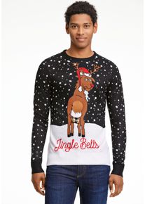 LINDBERGH Herren Strickpullover, schwarz, casual, Gr. M, bedruckt, gemustert, Strick, Obermaterial: 100% Polyacryl, Pullover, in Weihnachts-Optik