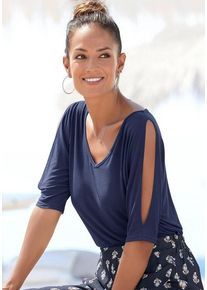 Vivance T-Shirt blau Gr. 44/46 für Damen. Mit V-Ausschnitt. Figurumspielend. Nachhaltig.